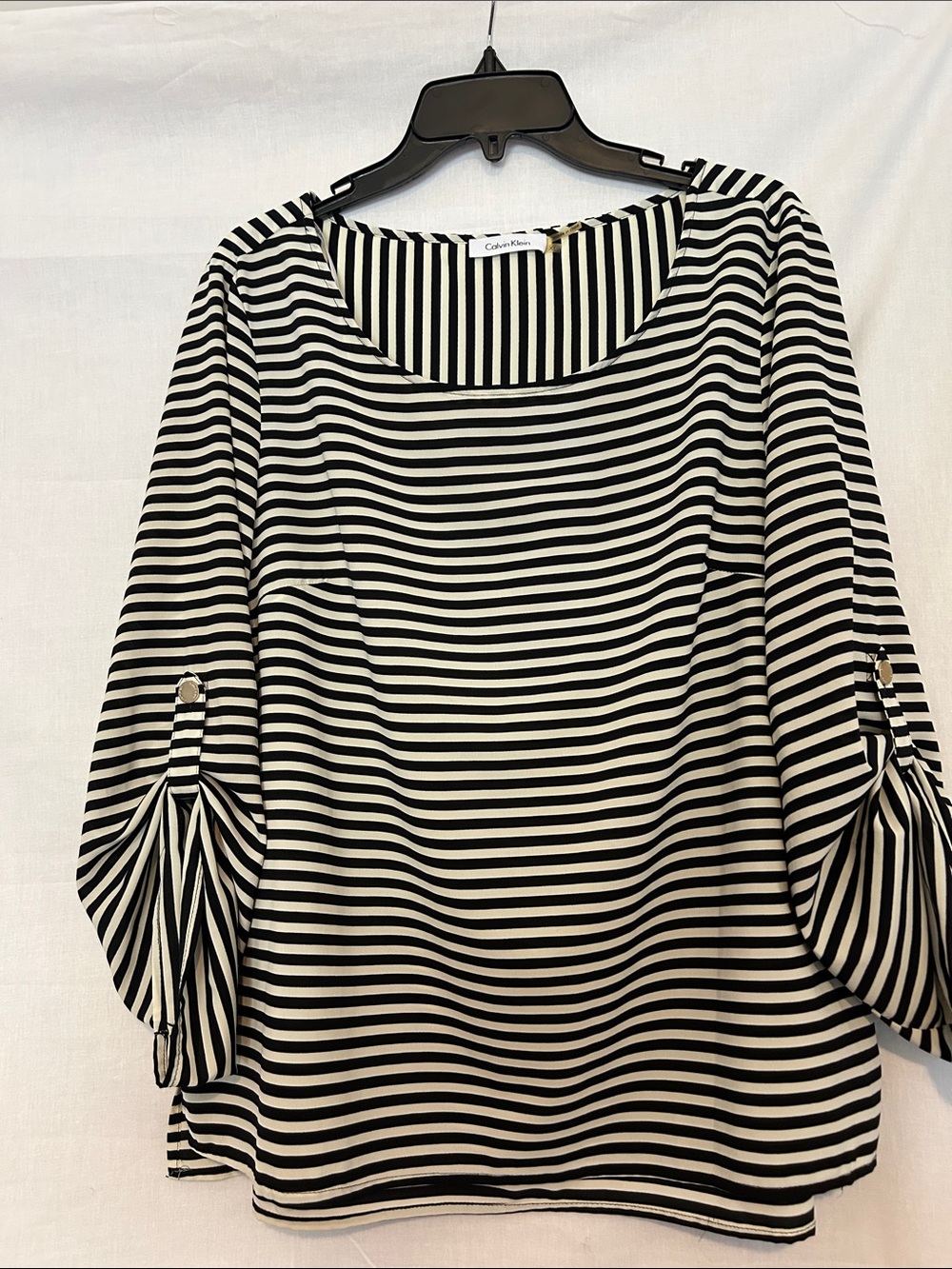 Calvin Klein Black & White Striped Long Sleeve Boatneck Top